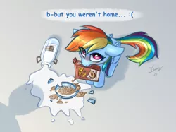 Size: 1890x1417 | Tagged: safe, artist:dandy, derpibooru import, rainbow dash, pegasus, pony, :c, blushing, cereal, cute, dashabetes, dialogue, embarrassed, female, food, from above, frown, image, mare, milk, newbie artist training grounds, png, pony pet, sitting, solo, spilled milk