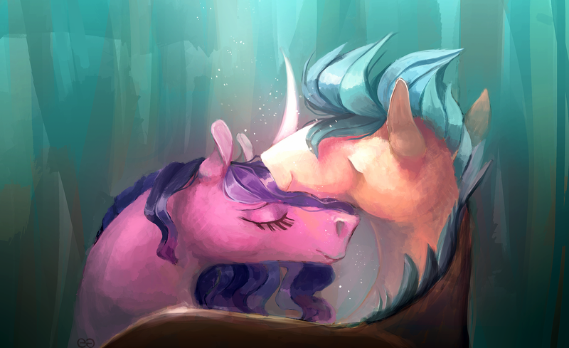 Size: 2844x1739 | Tagged: safe, artist:eugenchen, derpibooru import, hitch trailblazer, izzy moonbow, earth pony, pony, unicorn, eyelashes, eyes closed, female, g5, glowing horn, high res, horn, image, izzyhitch, male, mare, png, shipping, stallion, straight