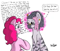Size: 3598x3072 | Tagged: safe, artist:datzigga, derpibooru import, pinkie pie, oc, oc:dizzy, earth pony, pony, zebra, canon x oc, female, frown, glasses, high res, image, lesbian, lidded eyes, looking at each other, love at first sight, open mouth, open smile, piercing, png, shipping, smiling, text, vulgar, wall of text, zebra oc