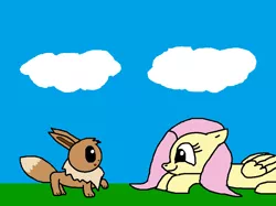 Size: 2000x1498 | Tagged: safe, artist:blazewing, derpibooru import, fluttershy, eevee, pegasus, pony, atg 2021, cloud, colored background, curious, drawpile, duo, female, image, lying down, mare, newbie artist training grounds, png, pokémon, prone, raised paw, smiling, surprised
