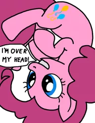 Size: 750x975 | Tagged: safe, artist:nopony, derpibooru import, pinkie pie, earth pony, pony, atg 2021, female, image, literal, mare, newbie artist training grounds, png, pun, simple background, solo, speech bubble, transparent background, upside down, visual pun