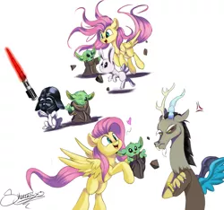 Size: 1280x1200 | Tagged: safe, artist:sketchiix3, derpibooru import, angel bunny, discord, fluttershy, draconequus, pegasus, pony, angry, baby yoda, clothes, cosplay, costume, cross-popping veins, crossover, cute, darth vader, discord is not amused, female, floating heart, heart, image, lightsaber, male, mare, missing cutie mark, open mouth, open smile, png, simple background, smiling, star wars, toy, toy sword, unamused, weapon, white background