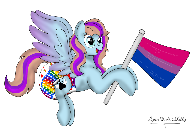 Size: 3567x2449 | Tagged: suggestive, artist:lynnthenerdkitty, derpibooru import, oc, oc:bittersweet, unofficial characters only, pegasus, pony, bisexual pride flag, bisexuality, diaper, diaper fetish, female, fetish, flag, high res, holding a flag, image, mare, pegasus oc, png, pride, pride flag, pride month, solo, solo female, wings