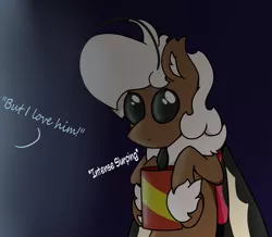 Size: 1483x1296 | Tagged: safe, artist:stemthebug, derpibooru import, oc, oc:stem bedstraw, unofficial characters only, hybrid, insect, moth, mothpony, original species, pony, cup, drink, drinking, image, png, soda, solo, text, tongue out