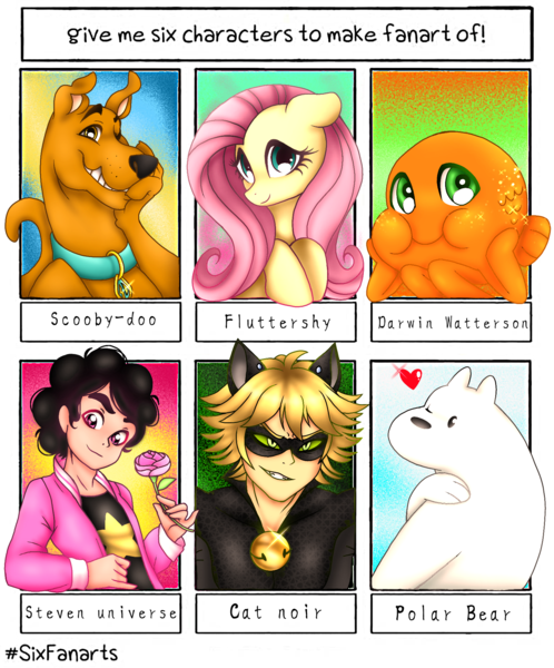 Size: 1603x1930 | Tagged: safe, artist:jvartes6112, derpibooru import, fluttershy, bear, dog, human, octopus, pegasus, polar bear, pony, six fanarts, collar, crossover, eyelashes, female, image, male, mare, mask, miraculous ladybug, png, scooby doo, smiling, steven universe