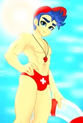 Size: 1080x1596 | Tagged: safe, artist:jvartes6112, derpibooru import, flash sentry, equestria girls, abs, beach, belly button, clothes, cloud, hand on hip, hat, image, looking at you, low angle, male, male nipples, nipples, nudity, outdoors, partial nudity, png, smiling, smiling at you, solo, sun, swimming trunks, topless, whistle