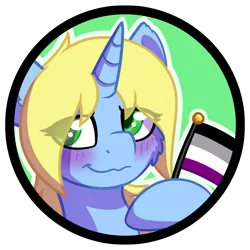 Size: 1380x1382 | Tagged: safe, artist:mynder, derpibooru import, oc, oc:art's desire, unicorn, asexual pride flag, blushing, image, png, pride, pride flag