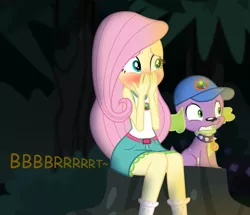 Size: 747x641 | Tagged: suggestive, artist:thedarkpony, derpibooru import, edit, edited screencap, screencap, fluttershy, spike, dog, equestria girls, legend of everfree, accident, blushing, camp everfree outfits, clothes, cropped, diarrhea, embarrassed, fart, fart noise, female, fetish, image, implied messing, implied pooping, implied scat, onomatopoeia, panties, pantypoop, png, poop, pooping, scat, sitting, skirt, sound effects, spike the dog, underwear