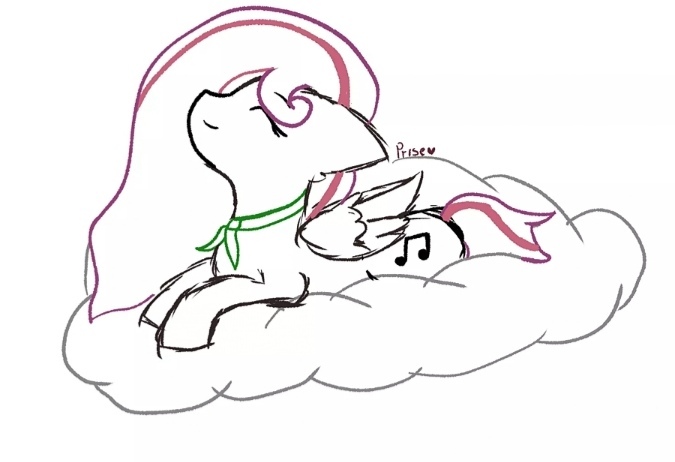 Size: 675x462 | Tagged: safe, artist:priseboom, derpibooru import, oc, oc:lavender sound, unofficial characters only, pegasus, pony, cloud, eyes closed, female, image, jpeg, lying down, mare, music notes, on a cloud, pegasus oc, simple background, smiling, solo, wings