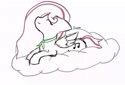 Size: 675x462 | Tagged: safe, artist:priseboom, derpibooru import, oc, oc:lavender sound, unofficial characters only, pegasus, pony, cloud, eyes closed, female, image, jpeg, lying down, mare, music notes, on a cloud, pegasus oc, simple background, smiling, solo, wings