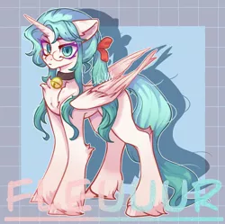 Size: 2325x2318 | Tagged: safe, alternate version, artist:fleuuur, derpibooru import, oc, oc:单子, unofficial characters only, alicorn, pony, alicorn oc, bell, bow, chest fluff, collar, ear fluff, female, glasses, grid background, hair bow, high res, horn, image, jpeg, looking at you, mare, obtrusive watermark, ponytail, smiling, smiling at you, solo, square background, unshorn fetlocks, watermark, wings