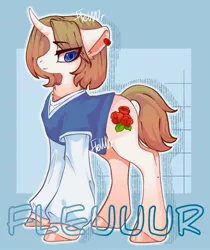 Size: 1862x2217 | Tagged: safe, artist:fleuuur, derpibooru import, oc, unofficial characters only, pony, unicorn, chest fluff, clothes, curved horn, ear piercing, earring, horn, image, jewelry, jpeg, lidded eyes, obtrusive watermark, piercing, shirt, solo, unicorn oc, watermark