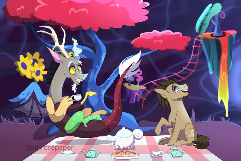 Size: 1280x854 | Tagged: safe, artist:primrosepaper, derpibooru import, discord, doctor whooves, time turner, draconequus, earth pony, pony, cup, date, food, gay, image, jpeg, male, origami, picnic, picnic blanket, shipping, stallion, teacup, teapot, the discord zone