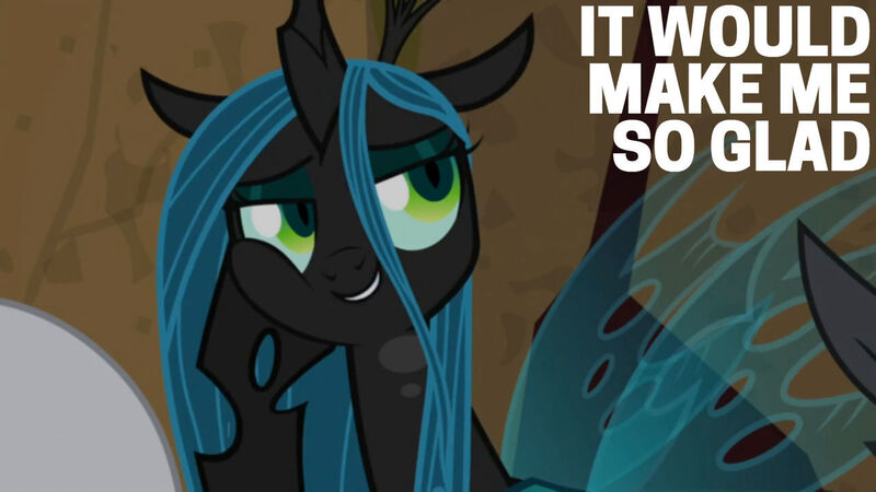 Size: 1280x720 | Tagged: safe, derpibooru import, edit, edited screencap, editor:quoterific, screencap, lord tirek, queen chrysalis, changeling, pony, frenemies (episode), season 9, spoiler:s09, cute, cutealis, female, image, jpeg, mare, offscreen character, smiling, solo focus