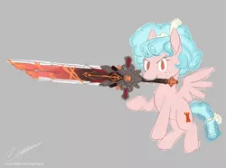 Size: 2000x1486 | Tagged: safe, artist:magnusmagnum, derpibooru import, cozy glow, pegasus, pony, bow, crossover, female, filly, flying, genshin impact, image, mouth hold, newbie artist training grounds, png, raised hoof, simple background, solo, sword, weapon, xk-class end-of-the-world scenario