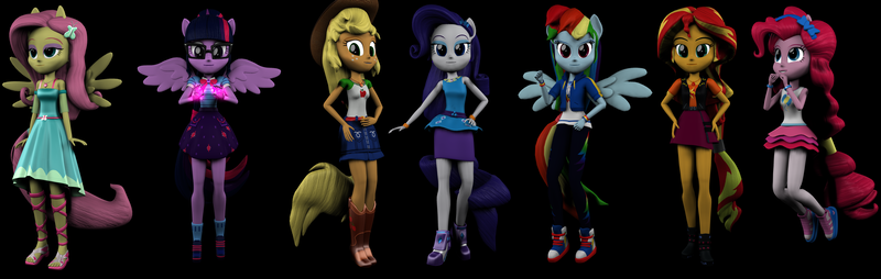 Size: 7236x2296 | Tagged: safe, artist:aryatheeditor, derpibooru import, applejack, fluttershy, pinkie pie, rainbow dash, rarity, sci-twi, sunset shimmer, twilight sparkle, equestria girls, equestria girls series, 3d, absurd resolution, geode of empathy, geode of shielding, geode of sugar bombs, geode of super speed, geode of super strength, geode of telekinesis, humane five, humane seven, humane six, image, magical geodes, png, ponied up, scitwilicorn, source filmmaker