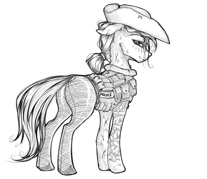 Size: 2000x1734 | Tagged: safe, artist:madhotaru, derpibooru import, oc, unofficial characters only, earth pony, clothes, hat, image, monochrome, pantyhose, png, solo, tactical vest, tattoo