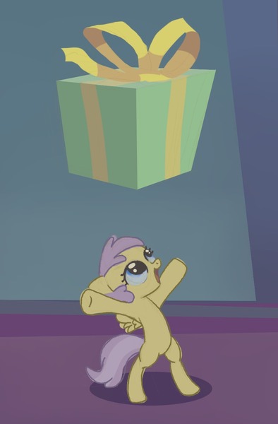 Size: 879x1337 | Tagged: safe, artist:mandumustbasukanemen, derpibooru import, alula, pluto, pony, a hearth's warming tail, falling, female, filly, happy, image, jpeg, present, rekt, solo, standing on two hooves