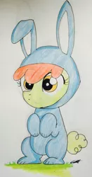 Size: 653x1244 | Tagged: safe, artist:entous-art, derpibooru import, apple bloom, earth pony, pony, adorabloom, animal costume, bunny bloom, bunny costume, clothes, costume, cute, easter, female, filly, holiday, image, jpeg, solo, traditional art