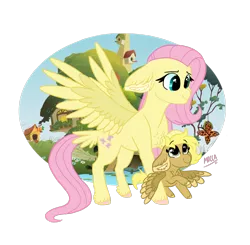 Size: 2091x2048 | Tagged: safe, artist:moccabliss, derpibooru import, fluttershy, oc, oc:sona shy, pegasus, pony, duo, female, filly, image, magical lesbian spawn, mare, mother and child, mother and daughter, offspring, parent:derpy hooves, parent:fluttershy, parents:derpyshy, png, simple background, transparent background, unshorn fetlocks