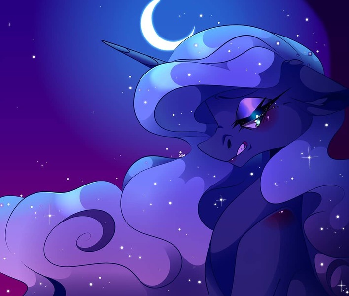 Size: 1080x915 | Tagged: safe, artist:tessa_key_, derpibooru import, princess luna, alicorn, pony, bedroom eyes, bust, crescent moon, eyelashes, female, horn, image, jpeg, makeup, mare, missing accessory, moon, night, signature, solo, stars