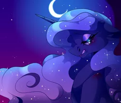 Size: 1080x915 | Tagged: safe, artist:tessa_key_, derpibooru import, princess luna, alicorn, pony, bedroom eyes, bust, crescent moon, eyelashes, female, horn, image, jpeg, makeup, mare, missing accessory, moon, night, signature, solo, stars