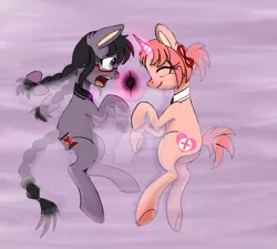 Size: 1024x921 | Tagged: safe, derpibooru import, ponified, earth pony, pony, unicorn, artist：kamiraceeker, crossover, crying, face to face, female, grief seed, homura akemi, image, in the water, jpeg, lesbian, lying down, madoka kaname, magic, magic aura, magical girl, puella magi madoka magica, sad, shipping, smiling, soul gem, touching, tragedy, water
