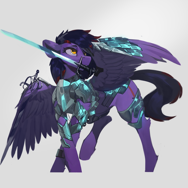 Size: 3000x3000 | Tagged: safe, artist:nsilverdraws, derpibooru import, oc, oc:shadowsneak, unofficial characters only, pegasus, pony, armor, female, image, mare, png, rapier, solo, sword, sword in mouth, weapon