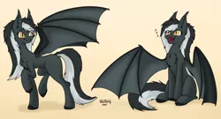 Size: 1280x693 | Tagged: safe, artist:zackwhitefang, derpibooru import, oc, unofficial characters only, bat pony, pony, bat pony oc, bat wings, commission, cute, cute little fangs, fangs, female, hooves, image, jpeg, mare, open mouth, simple background, sitting, solo, solo female, spread wings, tail, wings