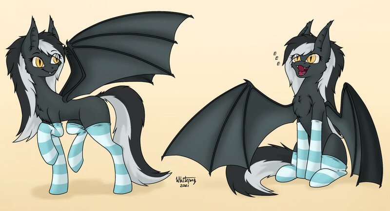 Size: 1280x693 | Tagged: safe, alternate version, artist:zackwhitefang, derpibooru import, oc, unofficial characters only, bat pony, pony, bat pony oc, bat wings, clothes, commission, cute, cute little fangs, fangs, female, hooves, image, jpeg, mare, open mouth, simple background, sitting, socks, solo, solo female, spread wings, striped socks, tail, wings