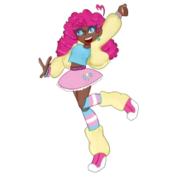 Size: 3000x3000 | Tagged: safe, artist:verryberrymochi, derpibooru import, pinkie pie, human, alternate hairstyle, belt, bracelet, clothes, dark skin, ear piercing, earring, female, grin, humanized, image, jacket, jewelry, leg warmers, midriff, open mouth, piercing, png, pride, pride flag, simple background, skirt, smiling, socks, solo, striped socks, tanktop, trans female, transgender, transgender pride flag, transparent background, wristband