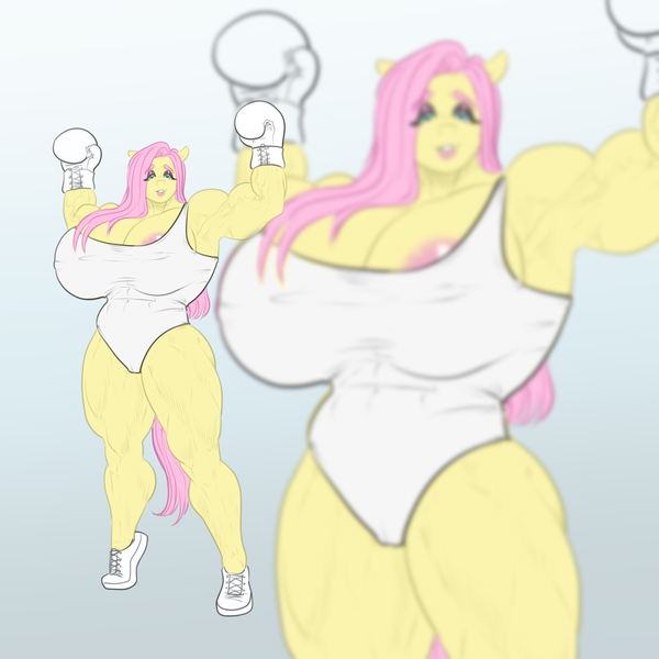 Size: 1200x1200 | Tagged: questionable, alternate version, artist:hellbridge, derpibooru import, fluttershy, anthro, pegasus, areola, areola slip, armpits, biceps, big breasts, boxing gloves, breasts, busty fluttershy, clothes, digital art, female, image, looking at you, muscles, muscleshy, muscular female, one-piece swimsuit, open mouth, png, shoes, simple background, solo, solo female, swimsuit, tail, thighs, wide hips, wingless, wingless anthro