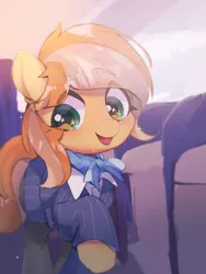 Size: 1234x1643 | Tagged: safe, artist:lexiedraw, derpibooru import, oc, oc:fruitlines, unofficial characters only, earth pony, pegasus, pony, cabin, clothes, cute, earth pony oc, female, flight attendant, image, looking down, mare, plane, png, solo, stewardess, uniform