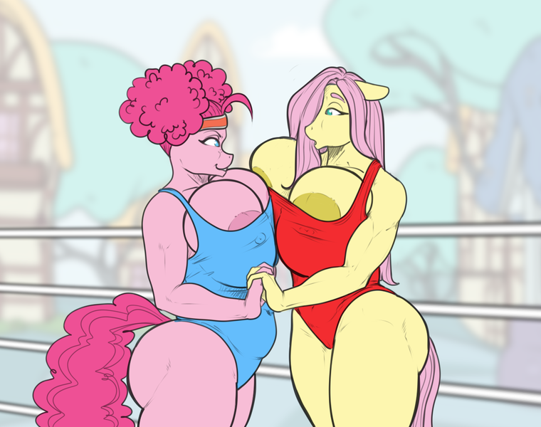 Size: 1049x828 | Tagged: questionable, artist:hellbridge, derpibooru import, fluttershy, pinkie pie, anthro, earth pony, pegasus, areola, areola slip, big areola, big breasts, big nipples, breasts, busty fluttershy, busty pinkie pie, chubbie pie, chubby, clothes, digital art, duo, duo female, female, floppy ears, image, looking at each other, nipples, nudity, png, sideboob, side view, simple background, sports, suit, tail, thighs, wide hips, wingless, wingless anthro, wrestling, wrestling ring