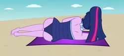 Size: 3000x1350 | Tagged: suggestive, alternate version, artist:lightning_musicwave, derpibooru import, sci-twi, twilight sparkle, equestria girls, ass, barefoot, beach, butt, clothes, feet, image, png, rear view, sci-twibutt, sexy, solo, stupid sexy sci-twi, stupid sexy twilight, swimsuit, twibutt