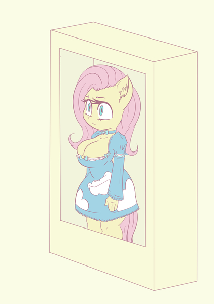 Size: 724x1024 | Tagged: safe, artist:snus-kun, derpibooru import, fluttershy, anthro, pegasus, big breasts, breasts, busty fluttershy, cleavage, clothes, digital art, doll, dress, female, image, jpeg, solo, solo female, tail, thighs, toy, wide hips