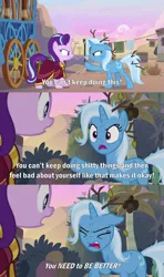 Size: 2000x3375 | Tagged: safe, derpibooru import, edit, edited screencap, screencap, starlight glimmer, trixie, pony, unicorn, road to friendship, angry, bojack horseman, caption, clothes, comic, duo, duo female, eyes closed, female, floppy ears, hoo'far's wagon, image, image macro, leaves, mare, messy mane, open mouth, png, pointing, raised hoof, reference, robe, screencap comic, stick, text, vulgar