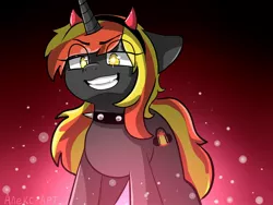Size: 1600x1200 | Tagged: safe, artist:alex69vodka, derpibooru import, oc, oc:java, unofficial characters only, pony, unicorn, abstract background, collar, devil horns, female, image, jpeg, looking at you, mare, smiling, spiked collar