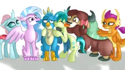 Size: 1600x900 | Tagged: safe, artist:jbond, derpibooru import, gallus, ocellus, sandbar, silverstream, smolder, yona, changeling, dragon, earth pony, gryphon, hippogriff, pony, yak, biting, dragoness, ear bite, eyes closed, female, gallstream, gallus gets all the creatures, grooming, image, licking, male, massage, nuzzling, png, preening, shipping, straight, student six, tongue out, yonabar