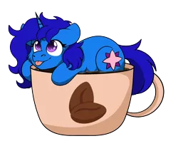 Size: 1280x1016 | Tagged: safe, artist:rokosmith26, derpibooru import, oc, oc:delly, unofficial characters only, pony, unicorn, cheek fluff, coffee, coffee cup, commission, cup, cup of pony, female, horn, image, long mane, looking up, mare, micro, pink eyes, png, simple background, solo, tail, tongue out, transparent background, ych result