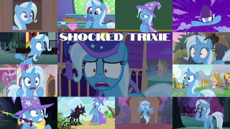 Size: 1280x721 | Tagged: safe, derpibooru import, editor:quoterific, pharynx, trixie, changeling, unicorn, boast busters, magic duel, no second prances, to change a changeling, to where and back again, collage, cup, image, png, teacup