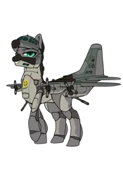 Size: 896x1280 | Tagged: safe, artist:andromailus, oc, oc:gladhand, unofficial characters only, original species, plane pony, pony, ac-130, female, green eyes, image, looking at you, plane, png, raised hoof, simple background, smiling, solo, transparent background
