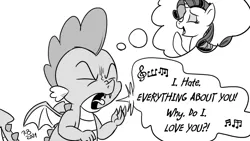 Size: 1200x675 | Tagged: safe, artist:pony-berserker, derpibooru import, rarity, spike, dragon, eyes closed, image, monochrome, png, pony-berserker's twitter sketches, song, three days grace, winged spike