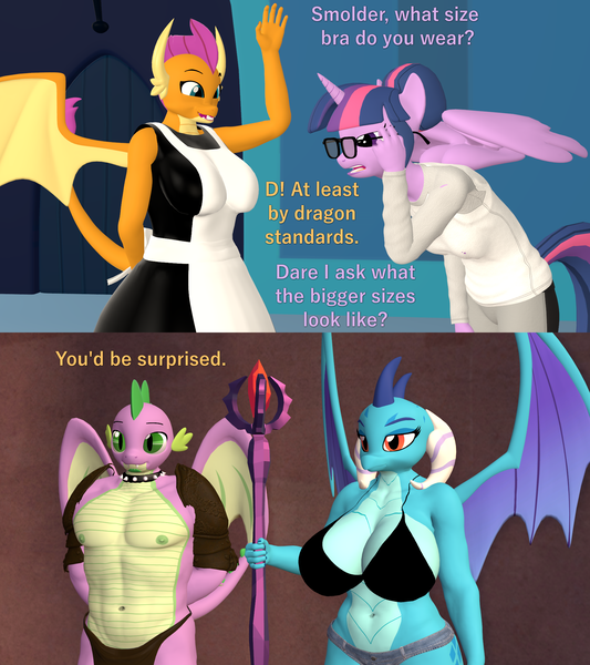 Size: 1920x2160 | Tagged: suggestive, artist:papadragon69, derpibooru import, princess ember, smolder, spike, twilight sparkle, anthro, dragon, 3d, beard, big breasts, bloodstone scepter, breasts, busty princess ember, busty smolder, clothes, dragoness, facial hair, female, gigachad spike, glasses, image, lizard breasts, loincloth, maid, maid smolder, miss kobayashi's dragon maid, older, older spike, png, source filmmaker