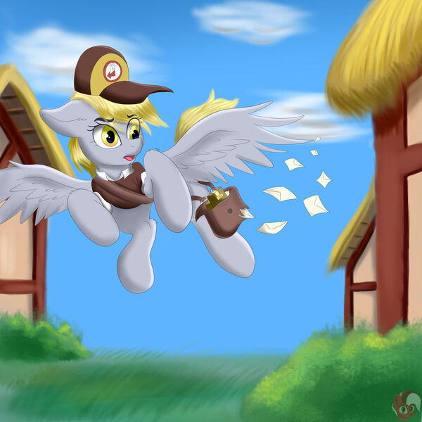 Size: 1280x1280 | Tagged: safe, artist:joaothejohn, derpibooru import, derpy hooves, pegasus, derpy being derpy, image, jpeg, looking back, mailmare, oops my bad, satchel, solo