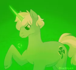 Size: 958x884 | Tagged: safe, artist:pigeorgien, derpibooru import, oc, oc:trefoil clover, unofficial characters only, pony, unicorn, clover, eyestrain warning, female, image, levitation, magic, magic aura, mare, needs more saturation, png, raised hoof, saturated, solo, telekinesis