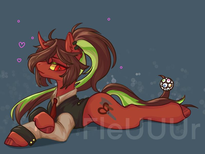 Size: 2732x2048 | Tagged: safe, alternate version, artist:fleuuur, derpibooru import, oc, unofficial characters only, pony, unicorn, clothes, curved horn, ear fluff, ear piercing, earring, eyebrows, heart, horn, image, jewelry, jpeg, necktie, obtrusive watermark, piercing, solo, suit, unicorn oc, watermark