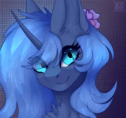 Size: 2304x2160 | Tagged: safe, artist:elektra-gertly, derpibooru import, princess luna, alicorn, chest fluff, cute, ear fluff, female, flower, flower in hair, image, lunabetes, png, solo, solo female