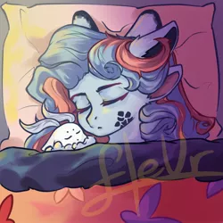 Size: 2048x2048 | Tagged: safe, artist:fleuuur, derpibooru import, oc, unofficial characters only, original species, pony, bed, ear fluff, facial markings, female, high res, image, jpeg, mare, multiple ears, obtrusive watermark, pillow, sleeping, solo, watermark