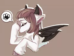 Size: 1583x1188 | Tagged: safe, artist:fleuuur, derpibooru import, oc, unofficial characters only, pony, ear fluff, eyes closed, horns, image, jpeg, multiple wings, obtrusive watermark, scribble, solo, speech bubble, unshorn fetlocks, watermark, wings